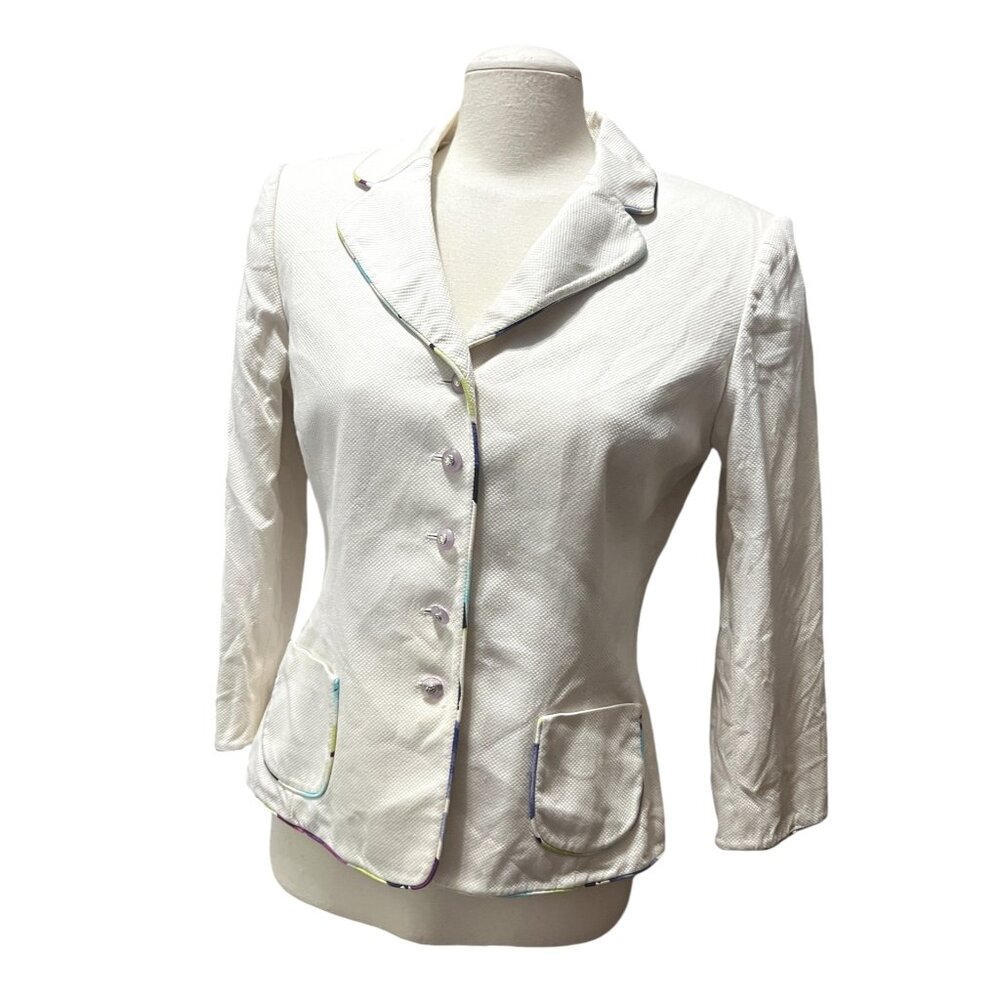 Stresa Collared Purple Button Cotton Blazer Sz 8 (Medium) Womens Cream Floral Ta